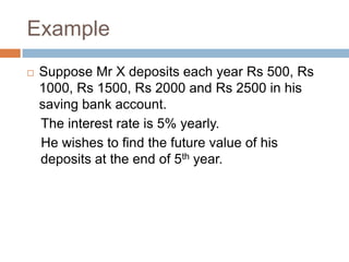 Example
 Suppose Mr X deposits each year Rs 500, Rs
1000, Rs 1500, Rs 2000 and Rs 2500 in his
saving bank account.
The interest rate is 5% yearly.
He wishes to find the future value of his
deposits at the end of 5th year.
 