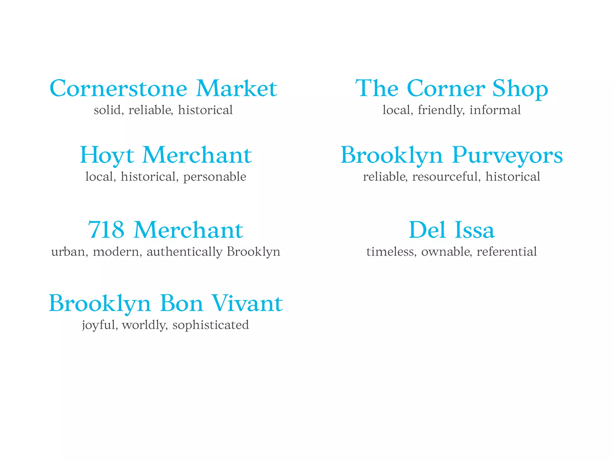Cornerstone Market
solid, reliable, historical
Hoyt Merchant
local, historical, personable
718 Merchant
urban, modern, authentically Brooklyn
Brooklyn Bon Vivant
joyful, worldly, sophisticated
The Corner Shop
local, friendly, informal
Brooklyn Purveyors
reliable, resourceful, historical
Del Issa
timeless, ownable, referential
 