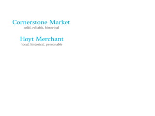 Cornerstone Market
solid, reliable, historical
Hoyt Merchant
local, historical, personable
 