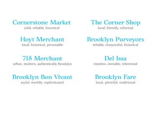 Cornerstone Market
solid, reliable, historical
Brooklyn Fare
local, plentiful, traditional
Hoyt Merchant
local, historical...