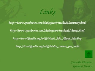 Ciancilla Eleonora Giuliani Monica Links http://www.sparknotes.com/shakespeare/muchado/summary.html http://www.sparknotes.com/shakespeare/muchado/themes.html http://en.wikipedia.org/wiki/Much_Ado_About_Nothing http://it.wikipedia.org/wiki/Molto_rumore_per_nulla 