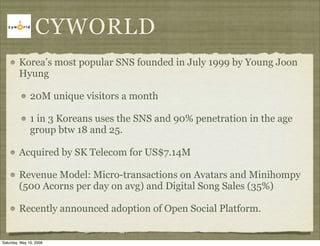 CYWORLD
         Korea’s most popular SNS founded in July 1999 by Young Joon
         Hyung

               20M unique vis...