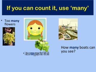 If you can count it, use ‘many’
• Too many
flowers
 