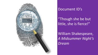 Document ID’s
“Though she be but
little, she is fierce!”
William Shakespeare,
A Midsummer Night’s
Dream
 