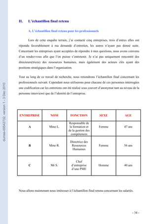 II.    L’échantillon final retenu

                                                A. L’échantillon final retenu pour les professionnels

                                                Lors de cette enquête terrain, j’ai contacté cinq entreprises, trois d’entres elles ont
                                         répondu favorablement à ma demande d’entretien, les autres n’ayant pas donné suite.
                                         Concernant les entreprises ayant acceptées de répondre à mes questions, nous avons convenu
                                         d’un rendez-vous afin que l’on puisse s’entretenir. Je n’ai pas uniquement rencontré des
                                         directeurs(trices) des ressources humaines, mais également des acteurs clés ayant des
                                         positions stratégiques dans l’organisation.

                                         Tout au long de ce travail de recherche, nous retiendrons l’échantillon final concernant les
                                         professionnels suivant. Cependant nous utiliserons pour chacune de ces personnes interrogées
dumas-00542732, version 1 - 3 Dec 2010




                                         une codification car les entretiens ont été réalisé sous couvert d’anonymat tant au niveau de la
                                         personne interviewé que de l’identité de l’entreprise.




                                         ENTREPRISE               NOM             FONCTION               SEXE                 AGE

                                                                                Responsable de
                                                A                Mme L.          la formation et         Femme               47 ans
                                                                                de la gestion des
                                                                                  compétences

                                                                                  Directrice des
                                                B                Mme R.            Ressources            Femme               56 ans
                                                                                   Humaines


                                                                                      Chef
                                                C                 Mr S.            d’entreprise          Homme               40 ans
                                                                                   d’une PME




                                         Nous allons maintenant nous intéresser à l’échantillon final retenu concernant les salariés.




                                                                                                                                    - 34 -
 