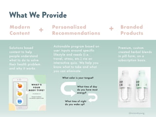 XR
RTH
Solutions based
content to help
people understand
what to do to solve
their health problem
and why it works.
Modern
Content
Actionable program based on
user inputs around specific
lifestyle and needs (i.e.
travel, stress, etc.) via an
interactive quiz. We help you
know what to take and what
you can eliminate.
Personalized
Recommendations+ +
Premium, custom
created herbal blends
in pill form, on a
subscription basis.
Branded
Products
What We Provide
What color is your tongue?
What time of day
do you have most
energy?
What time of night
do you wake up?
@victoriahyoung_
 