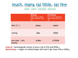much, many, (a) little, (a) few
veel, veel, weinig, weinig
A lot of = bevestigende zinnen (I have a lot of CDs and DVDs.)
Much/many = vragen en ontkenningen (He hasn’t got many CDs or DVDs.)
Telbaar Ontelbaar
Dollar, chairs, apples, Grass, snow, energy, air,
trees, questions, days, milk, money, salt, love,
etc. etc.
Veel (?/-) many much
weinig few little
een paar / een a few a little
beetje
 