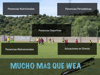 Ponencias Nutricionales Ponencias Periodísticas 
! 
Ponencias Deportivas 
Ponencias Motivacionales Actuaciones en Directo 
 