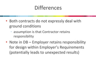Differences 
•Both contracts do not expressly deal with ground conditions 
•assumption is that Contractor retains responsibility 
•Note in DB – Employer retains responsibility for design within Employer’s Requirements (potentially leads to unexpected results)  