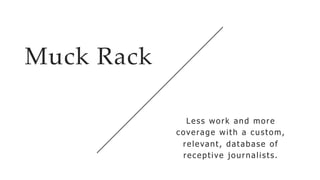 Muck Rack
Less work and more
coverage with a custom,
relevant, database of
receptive journalists.
 