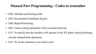 Manual Part Programming : Codes to remember
• G90: Absolute positioning mode
• G91: Incremental Coordinate System
• G00: Rapid Positioning
• G01: Linear cutting operations with a constant feed rate.
• G17: To specify that the machine will operate in the XY plane when performing
circular interpolation operations.
• G21: To set the machine to use metric units
 