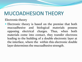 MUCOADHESION THEORY
Electronic theory
 Electronic theory is based on the premise that both
  mucoadhesive and biological materials possess
  opposing electrical charges. Thus, when both
  materials come into contact, they transfer electrons
  leading to the building of a double electronic layer at
  the interface, where the within this electronic double
  layer determines the mucoadhesive strength.
 