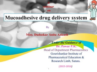 (2015-2016)
A
seminar
on
Mucoadhesive drug delivery system
By
Miss. Duduskar Anita Ankush
Under the Guidance of
Dr. Pawar P.K.
Head of Department Pharmaceutics
Gourishankar Institute of
Pharmaceutical Education &
Research Limb, Satara.
1
 