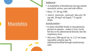 Mucolytics
Ambroxol:-
• A metabolite of bromhexine having similar
mucolytic action, uses and side effects.
• Dose: 15–30 mg TDS.
• Ambril, Ambrolite, Ambrodil, Mucolite 30
mg tab, 30 mg/5 ml liquid, 7.5 mg/ml
drops.
Acetylcysteine:-
• It opens disulfide bonds in mucoproteins
present in sputum—makes it less viscid,
but has to be administered directly into the
respiratory tract.
• Mucomix 200 mg/ml inj. in 1,2,5 ml amps;
injectable solution may be
nebulized/instilled through trachiostomy
tube.
 