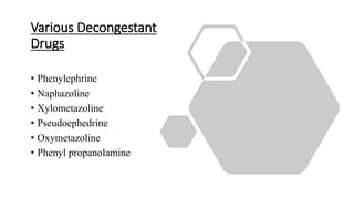 Various Decongestant
Drugs
• Phenylephrine
• Naphazoline
• Xylometazoline
• Pseudoephedrine
• Oxymetazoline
• Phenyl propanolamine
 