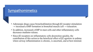 Sympathomimetics
• Adrenergic drugs cause bronchodilatation through β2 receptor stimulation
→ increased cAMP formation in bronchial muscle cell → relaxation.
• In addition, increased cAMP in mast cells and other inflammatory cells
decreases mediator release.
• Since β2 receptors on inflammatory cells desensitize quickly, the
contribution of this action to the beneficial effect of β2 agonists in asthma
where airway inflammmation is chronic, is uncertain, and at best minimal.
 