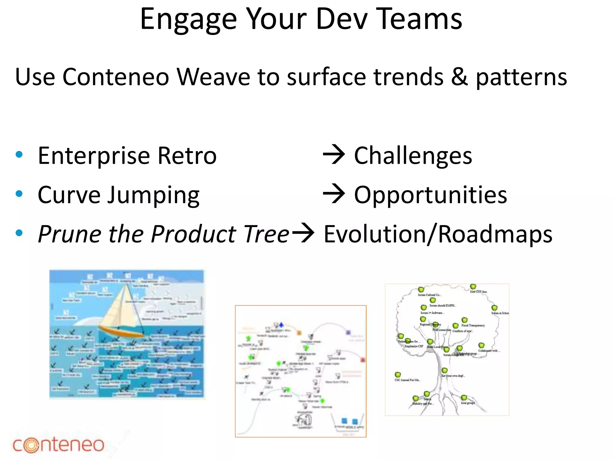 Engage Your Dev Teams
Use Conteneo Weave to surface trends & patterns
• Enterprise Retro  Challenges
• Curve Jumping  Opportunities
• Prune the Product Tree Evolution/Roadmaps
18
 
