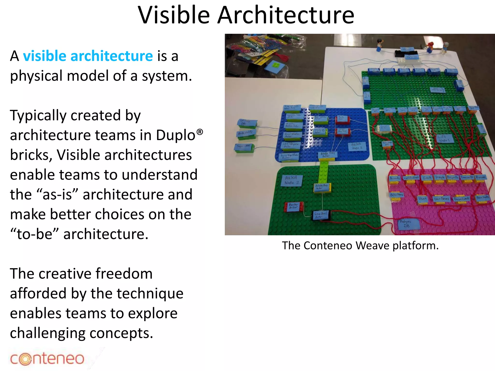 Visible Architecture
6
A visible architecture is a
physical model of a system.
Typically created by
architecture teams in Duplo®
bricks, Visible architectures
enable teams to understand
the “as-is” architecture and
make better choices on the
“to-be” architecture.
The creative freedom
afforded by the technique
enables teams to explore
challenging concepts.
The Conteneo Weave platform.
 