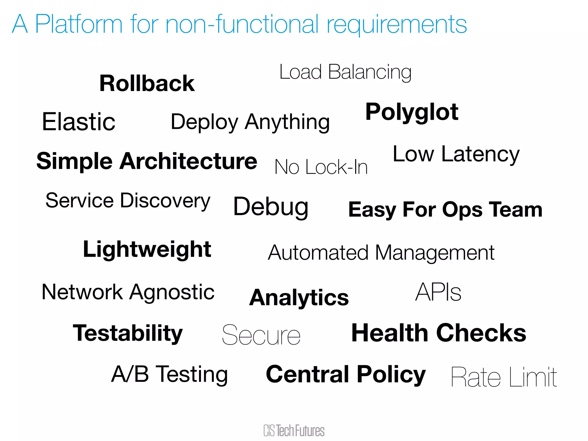 A Platform for non-functional requirements
Easy For Ops Team
Analytics
Debug
Health Checks
Deploy Anything
Lightweight
Low Latency
Testability Secure
Elastic
Central PolicyA/B Testing
Simple Architecture
APIs
Polyglot
No Lock-In
Network Agnostic
Service Discovery
Automated Management
Rollback
Load Balancing
Rate Limit
 