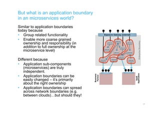 But what is an application boundary
in an microservices world?
Similar to application boundaries
today because
•  Group related functionality
•  Enable more coarse grained
ownership and responsibility (in
addition to full ownership at the
microservice level)
Different because
•  Application sub-components
(microservices) are truly
independent.
•  Application boundaries can be
easily changed – it’s primarily
about the right ownership
•  Application boundaries can spread
across network boundaries (e.g.
between clouds)…but should they!
17
SaaS
Application
Business
Partner
Exposure Gateway (external)
µService
µService
µService
µService
µService
µService
µService
µService
µService
µService
µService
EnterpriseBoundary
 