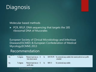 ©drseshasai
Diagnosis
Molecular based methods
 PCR, RFLP, DNA sequencing that targets the 18S
ribosomal DNA of Mucorales
European Society of Clinical Microbiology and Infectious
Diseases(ESCMID) & European Confederation of Medical
Mycology(ECMM) 2013
Recommendation
 