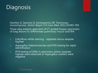 ©drseshasai
Diagnosis
Hamilos G, Samonis G, Kontoyiannis DP. Pulmonary
mucormycosis. Semin Respir Crit Care Med. 2011;32:693–702
Three-step analysis approach of CT guided biopsy specimens
of lung lesions to differentate pulmonary mucor and IPA:
1. Calcofluor-white staining - septated versus aseptae
hyphae
2. Aspergillus Galactomannan and PCR testing for rapid
identification
3. PCR testing of DNA in specimens where aseptate
hyphae were observed or Aspergillus markers were
negative
 