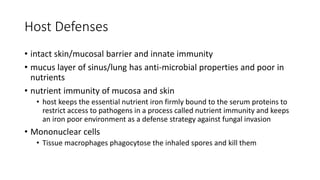 Host Defenses
• intact skin/mucosal barrier and innate immunity
• mucus layer of sinus/lung has anti-microbial properties and poor in
nutrients
• nutrient immunity of mucosa and skin
• host keeps the essential nutrient iron firmly bound to the serum proteins to
restrict access to pathogens in a process called nutrient immunity and keeps
an iron poor environment as a defense strategy against fungal invasion
• Mononuclear cells
• Tissue macrophages phagocytose the inhaled spores and kill them
 