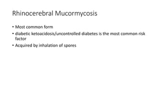 Rhinocerebral Mucormycosis
• Most common form
• diabetic ketoacidosis/uncontrolled diabetes is the most common risk
factor
• Acquired by inhalation of spores
 
