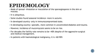  Mode of spread- inhalation or inoculation of the sporangiospores in the skin or
mucosa.
 It is ubiquitous.
 Some studies found seasonal incidence- more in autumn.
 In developed country- only in immunocompromised state.
 In developing country- sporadic, more common in uncontrolled diabetes and trauma.
 However, incidence of mucormycosis seems to be on rise.
 For decades the fatility rate remains to be >40% despite of the aggressive surgical
and medical management.
 In patients with haematological malignancy, it is >60-90%
 