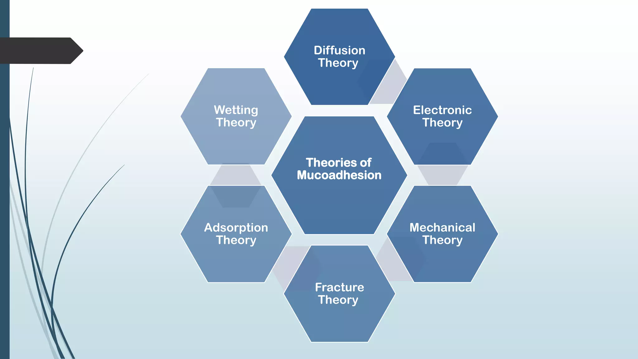 Theories of
Mucoadhesion
Diffusion
Theory
Electronic
Theory
Mechanical
Theory
Fracture
Theory
Adsorption
Theory
Wetting
Theory
 