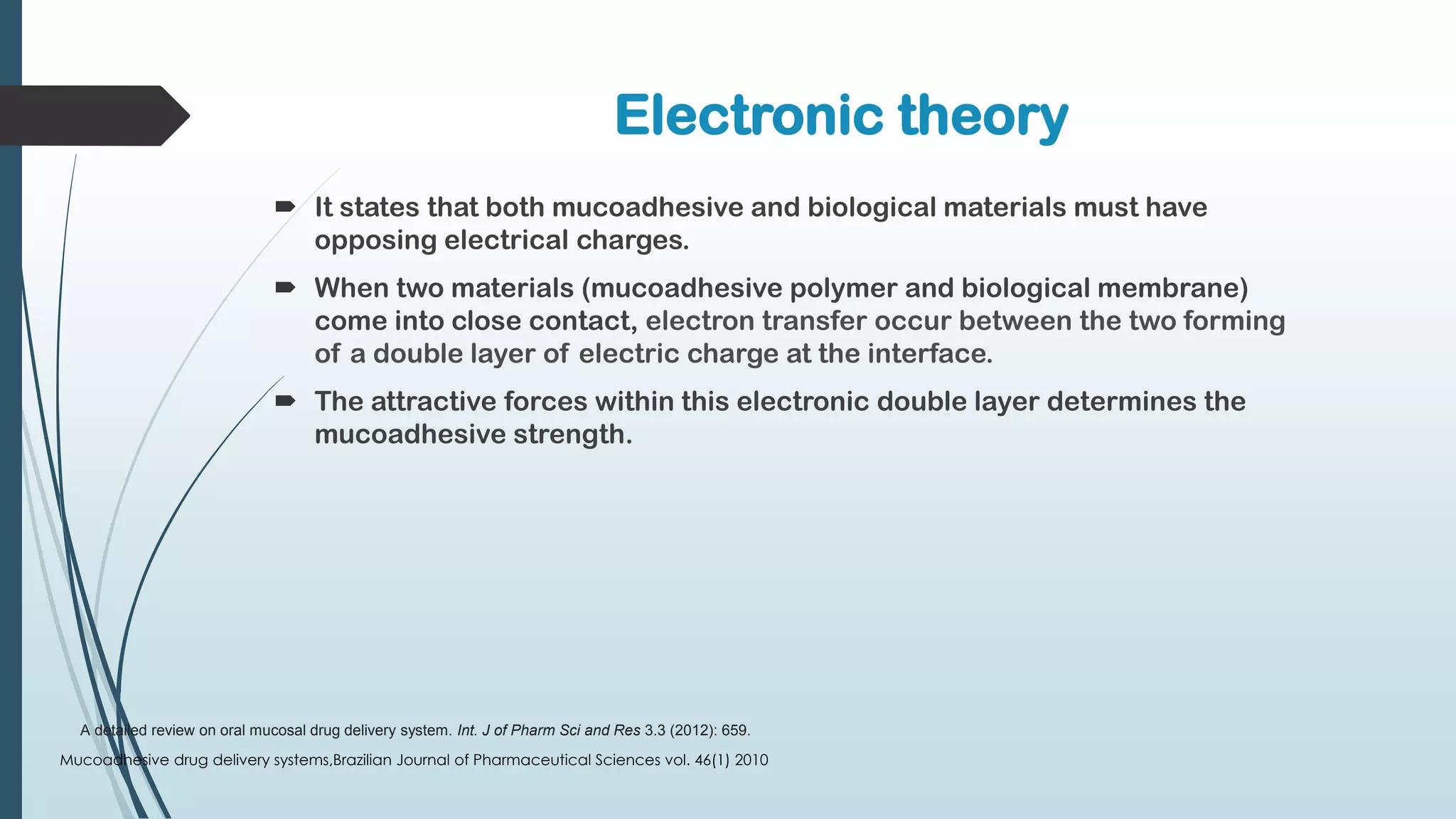 Electronic theory
 It states that both mucoadhesive and biological materials must have
opposing electrical charges.
 When two materials (mucoadhesive polymer and biological membrane)
come into close contact, electron transfer occur between the two forming
of a double layer of electric charge at the interface.
 The attractive forces within this electronic double layer determines the
mucoadhesive strength.
Mucoadhesive drug delivery systems,Brazilian Journal of Pharmaceutical Sciences vol. 46(1) 2010
A detailed review on oral mucosal drug delivery system. Int. J of Pharm Sci and Res 3.3 (2012): 659.
 