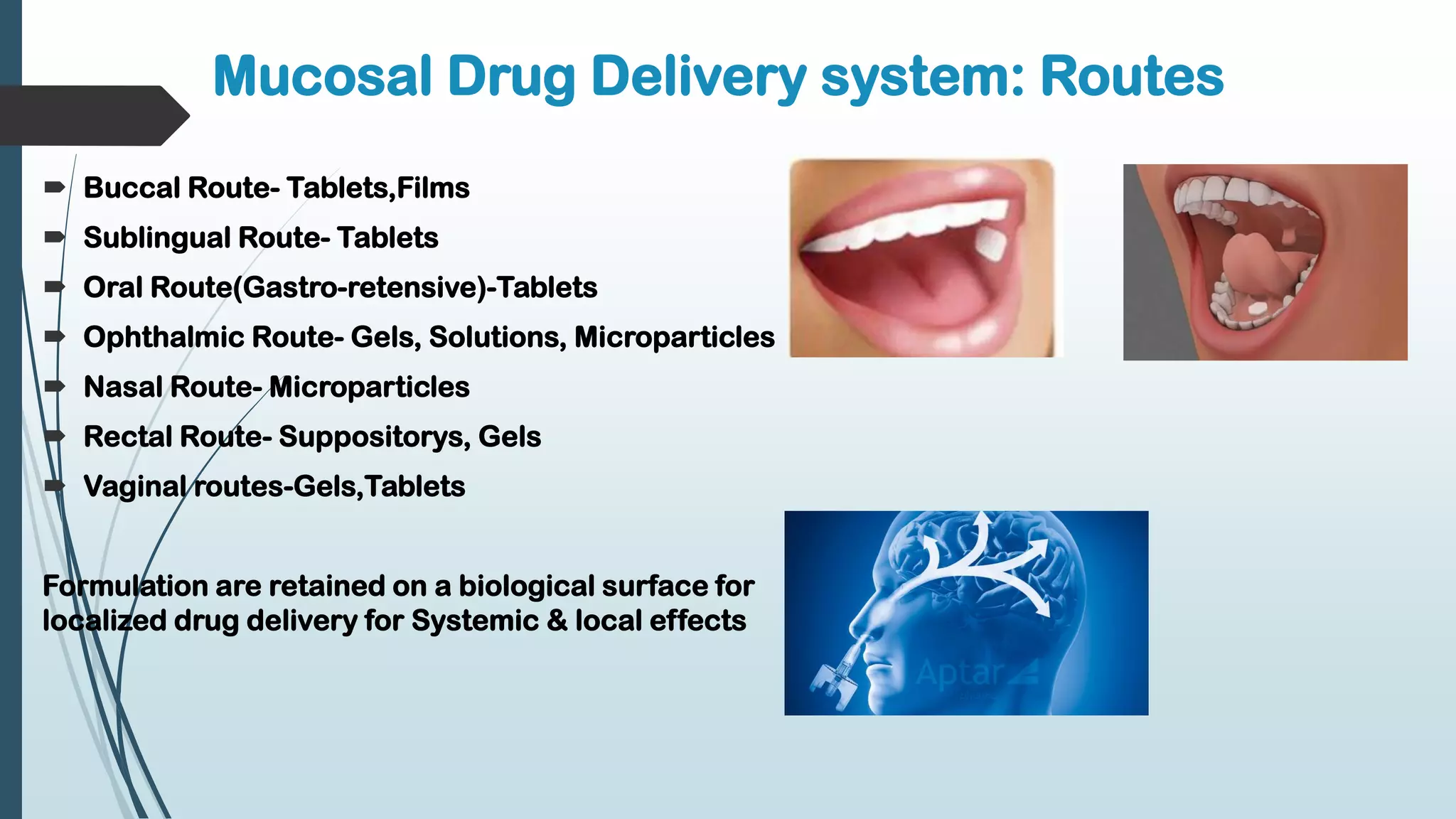 Mucosal Drug Delivery system: Routes
 Buccal Route- Tablets,Films
 Sublingual Route- Tablets
 Oral Route(Gastro-retensive)-Tablets
 Ophthalmic Route- Gels, Solutions, Microparticles
 Nasal Route- Microparticles
 Rectal Route- Suppositorys, Gels
 Vaginal routes-Gels,Tablets
Formulation are retained on a biological surface for
localized drug delivery for Systemic & local effects
 