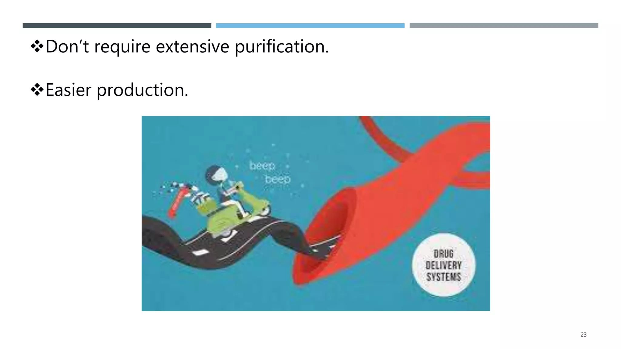 Don’t require extensive purification.
Easier production.
23
 