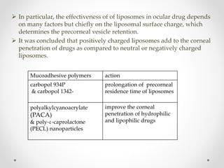 Mucoadhesive polymers action
carbopol 934P
& carbopol 1342-
prolongation of precorneal
residence time of liposomes
polyalkylcyanoacrylate
(PACA)
& poly-ε-caprolactone
(PECL) nanoparticles
improve the corneal
penetration of hydrophilic
and lipophilic drugs
 In particular, the effectiveness of of liposomes in ocular drug depends
on many factors but chiefly on the liposomal surface charge, which
determines the precorneal vesicle retention.
 It was concluded that positively charged liposomes add to the corneal
penetration of drugs as compared to neutral or negatively charged
liposomes.
 