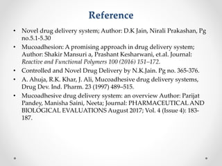 Reference
• Novel drug delivery system; Author: D.K Jain, Nirali Prakashan, Pg
no.5.1-5.30
• Mucoadhesion: A promising approach in drug delivery system;
Author: Shakir Mansuri a, Prashant Kesharwani, et.al. Journal:
Reactive and Functional Polymers 100 (2016) 151–172.
• Controlled and Novel Drug Delivery by N.K.Jain. Pg no. 365-376.
• A. Ahuja, R.K. Khar, J. Ali, Mucoadhesive drug delivery systems,
Drug Dev. Ind. Pharm. 23 (1997) 489–515.
• Mucoadhesive drug delivery system: an overview Author: Parijat
Pandey, Manisha Saini, Neeta; Journal: PHARMACEUTICAL AND
BIOLOGICAL EVALUATIONS August 2017; Vol. 4 (Issue 4): 183-
187.
 