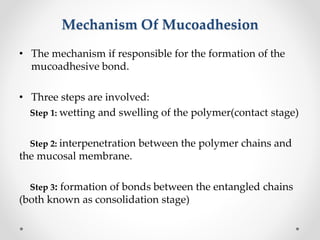 Mechanism Of Mucoadhesion
• The mechanism if responsible for the formation of the
mucoadhesive bond.
• Three steps are involved:
Step 1: wetting and swelling of the polymer(contact stage)
Step 2: interpenetration between the polymer chains and
the mucosal membrane.
Step 3: formation of bonds between the entangled chains
(both known as consolidation stage)
 