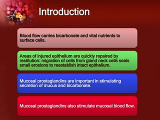 Introduction
Blood flow carries bicarbonate and vital nutrients to
surface cells.
Areas of injured epithelium are quickly repaired by
restitution: migration of cells from gland neck cells seals
small erosions to reestablish intact epithelium.
Mucosal prostaglandins are important in stimulating
secretion of mucus and bicarbonate.
Mucosal prostaglandins also stimulate mucosal blood flow.
 