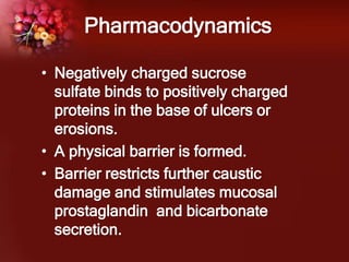 Pharmacodynamics
• Negatively charged sucrose
sulfate binds to positively charged
proteins in the base of ulcers or
erosions.
• A physical barrier is formed.
• Barrier restricts further caustic
damage and stimulates mucosal
prostaglandin and bicarbonate
secretion.
 