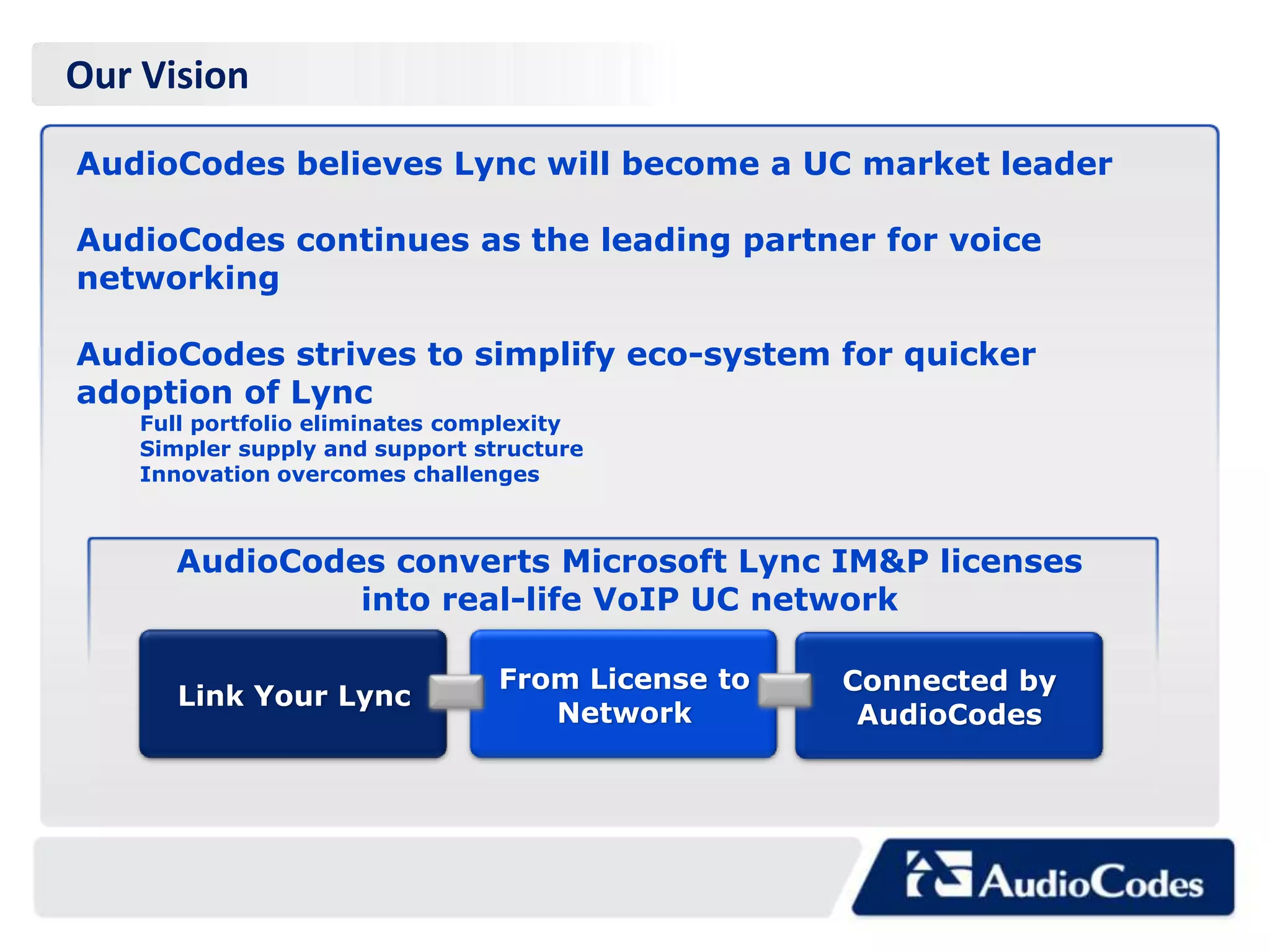 Our Vision

AudioCodes believes Lync will become a UC market leader

AudioCodes continues as the leading partner for voice
networking

AudioCodes strives to simplify eco-system for quicker
adoption of Lync
    Full portfolio eliminates complexity
    Simpler supply and support structure
    Innovation overcomes challenges



      AudioCodes converts Microsoft Lync IM&P licenses
               into real-life VoIP UC network

                                 From License to   Connected by
       Link Your Lync
                                    Network         AudioCodes
 