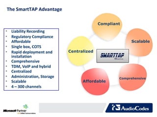 SmartTAP Key Benefits
 The SmartTAP Advantage

                                                Compliant
    •   Liability Recording
    •   Regulatory Compliance
    •   Affordable                                           Scalable
    •   Single box, COTS
    •   Rapid deployment and      Centralized
        installation
    •   Comprehensive
    •   TDM, VoIP and hybrid
    •   Centralized
    •   Administration, Storage                         Comprehensive
    •   Scalable                        Affordable
    •   4 – 300 channels





 