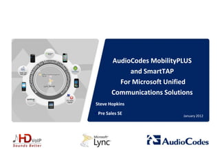 AudioCodes MobilityPLUS
                                                    and SmartTAP
                                                 For Microsoft Unified
                                               Communications Solutions
                                      Steve Hopkins
                                       Pre Sales SE                January 2012




     © 2011 AudioCodes Ltd.
        All rights reserved.
AudioCodes Confidential Proprietary
 