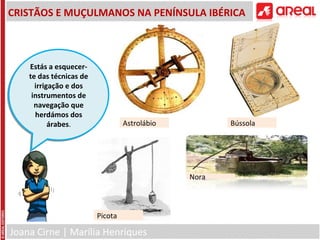 Joana Cirne | Marília Henriques
CRISTÃOS E MUÇULMANOS NA PENÍNSULA IBÉRICA
Estás a esquecer-
te das técnicas de
irrigação e dos
instrumentos de
navegação que
herdámos dos
árabes.
Estás a esquecer-
te das técnicas de
irrigação e dos
instrumentos de
navegação que
herdámos dos
árabes. Astrolábio Bússola
Picota
Nora
 