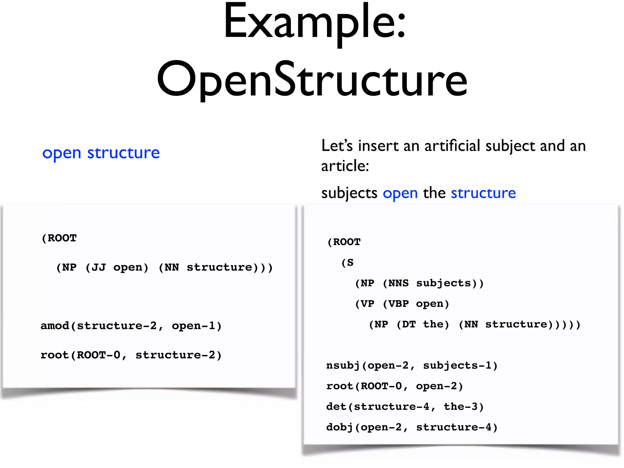 Example:
OpenStructure
open structure Let’s insert an artiﬁcial subject and an
article:
subjects open the structure
(ROOT
(NP (JJ open) (NN structure)))
amod(structure-2, open-1)
root(ROOT-0, structure-2)
(ROOT
(S
(NP (NNS subjects))
(VP (VBP open)
(NP (DT the) (NN structure)))))
nsubj(open-2, subjects-1)
root(ROOT-0, open-2)
det(structure-4, the-3)
dobj(open-2, structure-4)
 