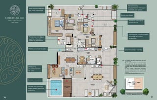 Churrasqueira a carvão
Nicho nos boxes
Piscina em concreto
revestida em pastilha
cerâmica
Deck em madeira
Infra para
ar condicionado
na sala
Torneiras com água
quente e fria em
todos os banheiros
Infra para ar condicionado
entregue em todos
os quartos
Revestimento
dos banheiros entregue
instalado até o teto
Torneiras com água
quente e fria
Piso em porcelanato
em toda cobertura
Ponto para lava-louças
36 37
COBERTURA 1601
ÁREA PRIVATIVA
302,75M2
COBERTURA 1601
ÁREA PRIVATIVA
302,75M2
 