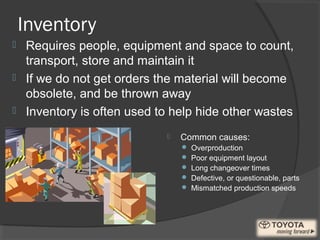 Inventory
 Common causes:
 Overproduction
 Poor equipment layout
 Long changeover times
 Defective, or questionable, parts
 Mismatched production speeds
 Requires people, equipment and space to count,
transport, store and maintain it
 If we do not get orders the material will become
obsolete, and be thrown away
 Inventory is often used to help hide other wastes
 