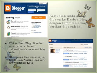 KemudianAndaakandibawakeDasbor Blogger dengantampilansebagaiberikutdibawahini:5Tekan Buat Blog (disudutkananatas, dibawahBahasa) untukmembuat blog anda6Beri nama blog anda, berisiJudul Blog, Alamat Blog (url)danVerifikasiKata