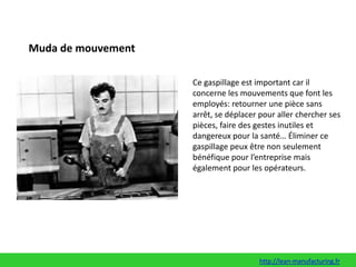 Muda de mouvementCe gaspillage est important car il concerne les mouvements que font les employés: retourner une pièce sans arrêt, se déplacer pour aller chercher ses pièces, faire des gestes inutiles et dangereux pour la santé… Éliminer ce gaspillage peux être non seulement bénéfique pour l’entreprise mais également pour les opérateurs.http://lean-manufacturing.fr