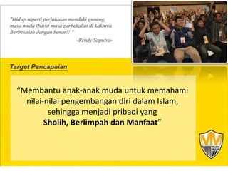 “Membantu anak-anak muda untuk memahami
  nilai-nilai pengembangan diri dalam Islam,
         sehingga menjadi pribadi yang
        Sholih, Berlimpah dan Manfaat”
 