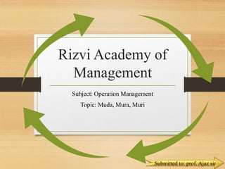 Rizvi Academy of
Management
Subject: Operation Management
Topic: Muda, Mura, Muri
Submitted to: prof. Ajaz sir
 