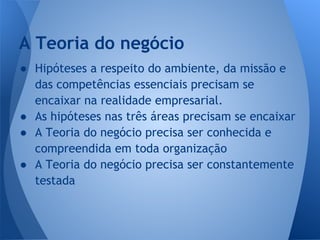 ● Hipóteses a respeito do ambiente, da missão e
das competências essenciais precisam se
encaixar na realidade empresarial.
● As hipóteses nas três áreas precisam se encaixar
● A Teoria do negócio precisa ser conhecida e
compreendida em toda organização
● A Teoria do negócio precisa ser constantemente
testada
A Teoria do negócio
 